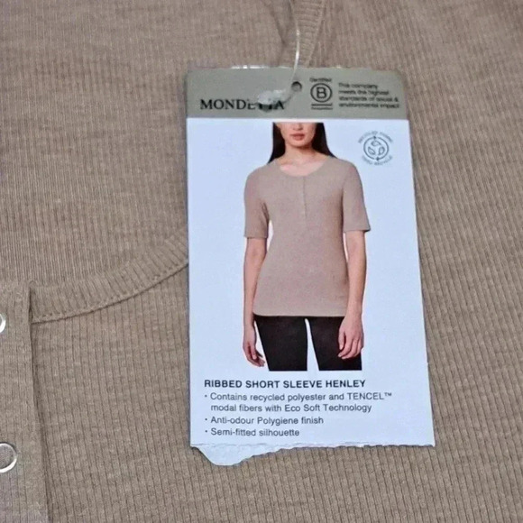 NWT Mondetta Ribbed Short Sleeved Henley XL Scoop Neck Top Womens Beige Tan - Picture 9 of 11